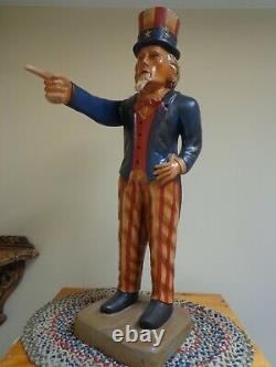 Rare Grand Vintage Americana Primitive Folk Art Wood Carved Uncle Sam Statue