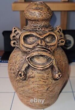 Rare Poterie Sculptée 1933 Monkey Deity Face Jug Aztèques Folk Art Signed