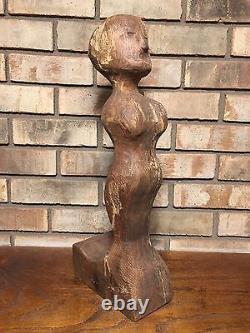 Rare Unique Antique Old Early Primitive Folk Art Sculpture en Bois Femme