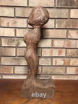 Rare Unique Antique Old Early Primitive Folk Art Sculpture en Bois Femme