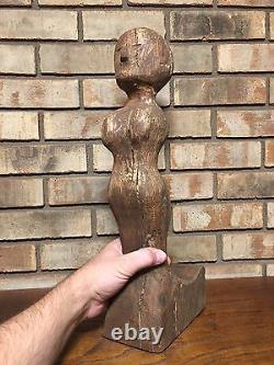 Rare Unique Antique Old Early Primitive Folk Art Sculpture en Bois Femme