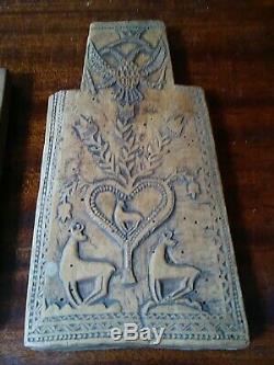 Russe Antique Art Populaire Sculpté Bois Plaque Ou Mold W Eagles Deers Coeurs