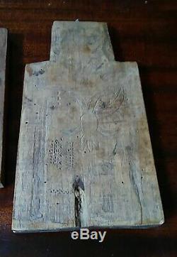 Russe Antique Art Populaire Sculpté Bois Plaque Ou Mold W Eagles Deers Coeurs