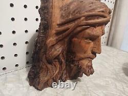 SCULPTURE EN BOIS RÉTRO DE JÉSUS-CHRIST BUSTE D'ART POPULAIRE CATHOLIQUE RARE