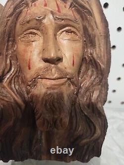 SCULPTURE EN BOIS RÉTRO DE JÉSUS-CHRIST BUSTE D'ART POPULAIRE CATHOLIQUE RARE