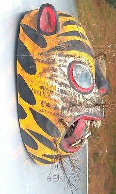 Sculpture Main Mexicain Masque En Bois Jaguar / Tigré, Mexique Folks Art Masque De Danse