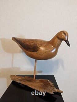 Sculpture d'art populaire d'oiseau en bois sculpté à la main, style du début du siècle, base en bois flotté signée