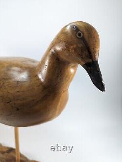 Sculpture d'art populaire d'oiseau en bois sculpté à la main, style du début du siècle, base en bois flotté signée