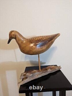 Sculpture d'art populaire d'oiseau en bois sculpté à la main, style du début du siècle, base en bois flotté signée