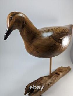 Sculpture d'art populaire d'oiseau en bois sculpté à la main, style du début du siècle, base en bois flotté signée