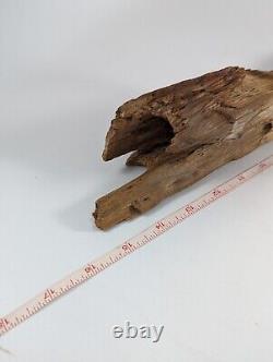 Sculpture d'art populaire d'oiseau en bois sculpté à la main, style du début du siècle, base en bois flotté signée