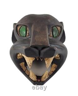 Sculpture d'art populaire en bois sculpté maya vintage de tête de panthère noire / jaguar