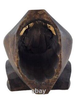 Sculpture d'art populaire en bois sculpté maya vintage de tête de panthère noire / jaguar