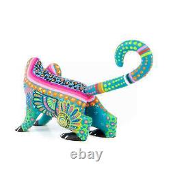 Sculpture d'art populaire mexicain en bois Alebrije de Oaxacan Lémur Turquoise