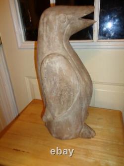 Sculpture d'art populaire primitive rare, buste de pingouin en bois sculpté à la main, décoration lourde