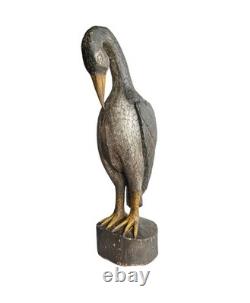 Sculpture d'oiseau en bois sculpté et peint de 3 pieds d'art populaire américain primitif antique