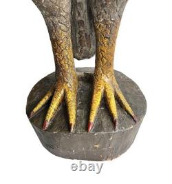 Sculpture d'oiseau en bois sculpté et peint de 3 pieds d'art populaire américain primitif antique