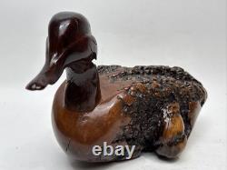 Sculpture de canard en bois de burl sculpté à la main vintage, figurine en bois d'art populaire, décor rustique