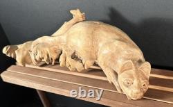 Sculpture de chat en bois sculpté à la main en burl, art populaire indonésien, unique 1/1