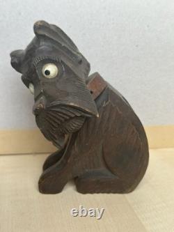 Sculpture de chien en bois sculpté à la main asiatique antique avec des yeux incrustés - Art populaire