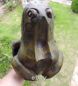 Sculpture de grenouille sculptée en bois d’art populaire antique, Allemagne, grande, faite à la main