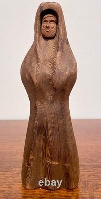 Sculpture de moine en séquoia par Oscar W. Johnston, Smith River CA, art populaire étiqueté