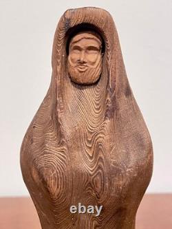 Sculpture de moine en séquoia par Oscar W. Johnston, Smith River CA, art populaire étiqueté