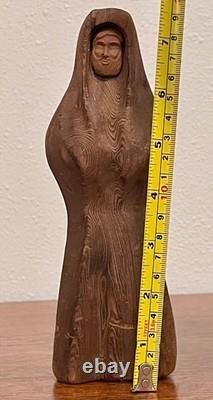 Sculpture de moine en séquoia par Oscar W. Johnston, Smith River CA, art populaire étiqueté