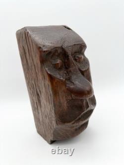 Sculpture de visage en bois sculpté à la main vintage, art folklorique, sculpture primitive