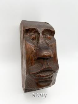 Sculpture de visage en bois sculpté à la main vintage, art folklorique, sculpture primitive
