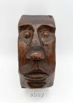Sculpture de visage en bois sculpté à la main vintage, art folklorique, sculpture primitive