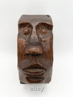 Sculpture de visage en bois sculpté à la main vintage, art folklorique, sculpture primitive