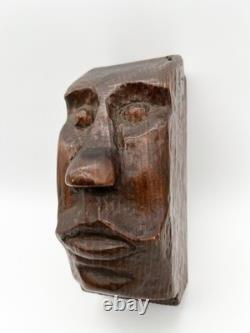 Sculpture de visage en bois sculpté à la main vintage, art folklorique, sculpture primitive