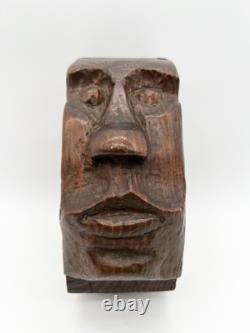 Sculpture de visage en bois sculpté à la main vintage, art folklorique, sculpture primitive