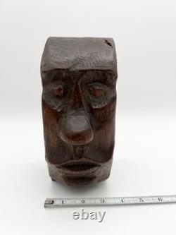 Sculpture de visage en bois sculpté à la main vintage, art folklorique, sculpture primitive