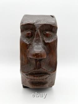 Sculpture de visage en bois sculpté à la main vintage, art folklorique, sculpture primitive