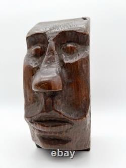 Sculpture de visage en bois sculpté à la main vintage, art folklorique, sculpture primitive