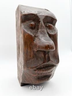Sculpture de visage en bois sculpté à la main vintage, art folklorique, sculpture primitive