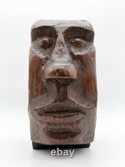 Sculpture de visage en bois sculpté à la main vintage, art folklorique, sculpture primitive