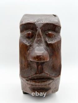 Sculpture de visage en bois sculpté à la main vintage, art folklorique, sculpture primitive