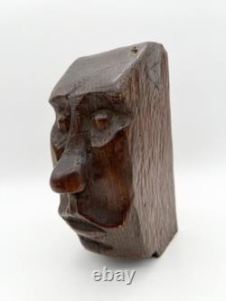 Sculpture de visage en bois sculpté à la main vintage, art folklorique, sculpture primitive