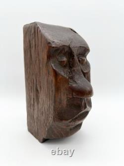 Sculpture de visage en bois sculpté à la main vintage, art folklorique, sculpture primitive