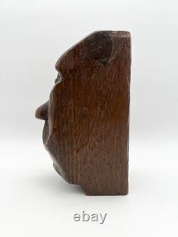 Sculpture de visage en bois sculpté à la main vintage, art folklorique, sculpture primitive