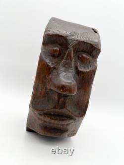 Sculpture de visage en bois sculpté à la main vintage, art folklorique, sculpture primitive