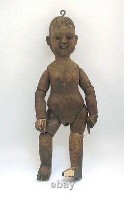 Sculpture éducative en bois sculpté antique en folk art, double face garçon/fille B/o
