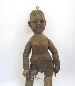 Sculpture éducative en bois sculpté antique en folk art, double face garçon/fille B/o