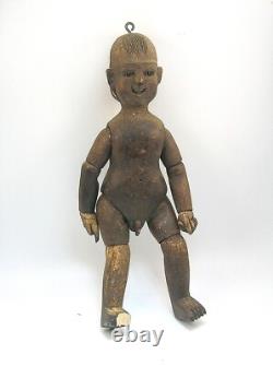 Sculpture éducative en bois sculpté antique en folk art, double face garçon/fille B/o