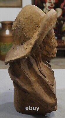 Sculpture en bois d'un buste de Wild Bill Hickock dans le style folklorique vintage