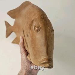 Sculpture en bois de poisson sculptée à la main VTG, art populaire, détails fins, grande pièce unique 17x8