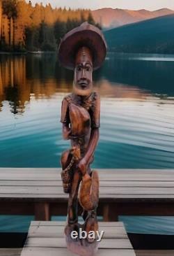 Sculpture en bois folklorique caribéen homme en bois sculpté à la main très détaillée de 2 pieds 7 pouces